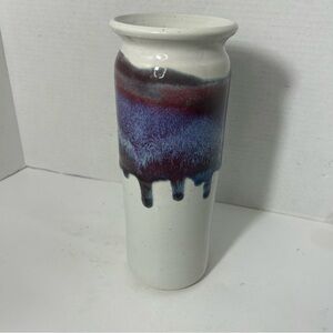 Art Pottery Ceramic Vase Drip Glaze Bruning Pottery Abstract 4x10” Purple White